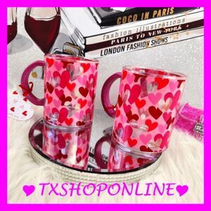 ❣️☕2 PC Pink & Red Hearts {Valentines} Glass Mug NEW☕❣️